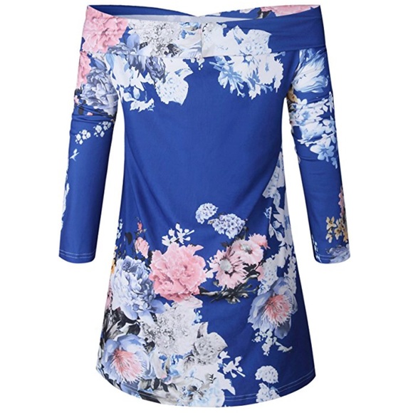 Blue Off Shoulders Floral Print Wrap Tunic Blouse - Picture 5 of 5